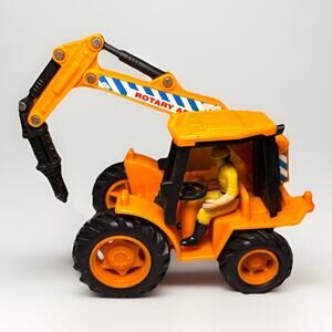 Vintage Rotary Action Tractor Toy Orange Excavator w/ Driver